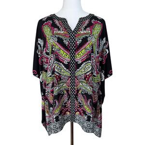 Susan Graver Women's Caftan Tunic Top Sz M Black Multicolored Boho